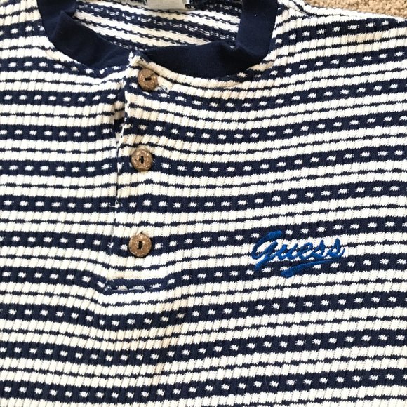 Guess Women's Medium BlueWhite Waffle Knit Henley Pullover Wide Short Sleeve Top - Picture 9 of 9